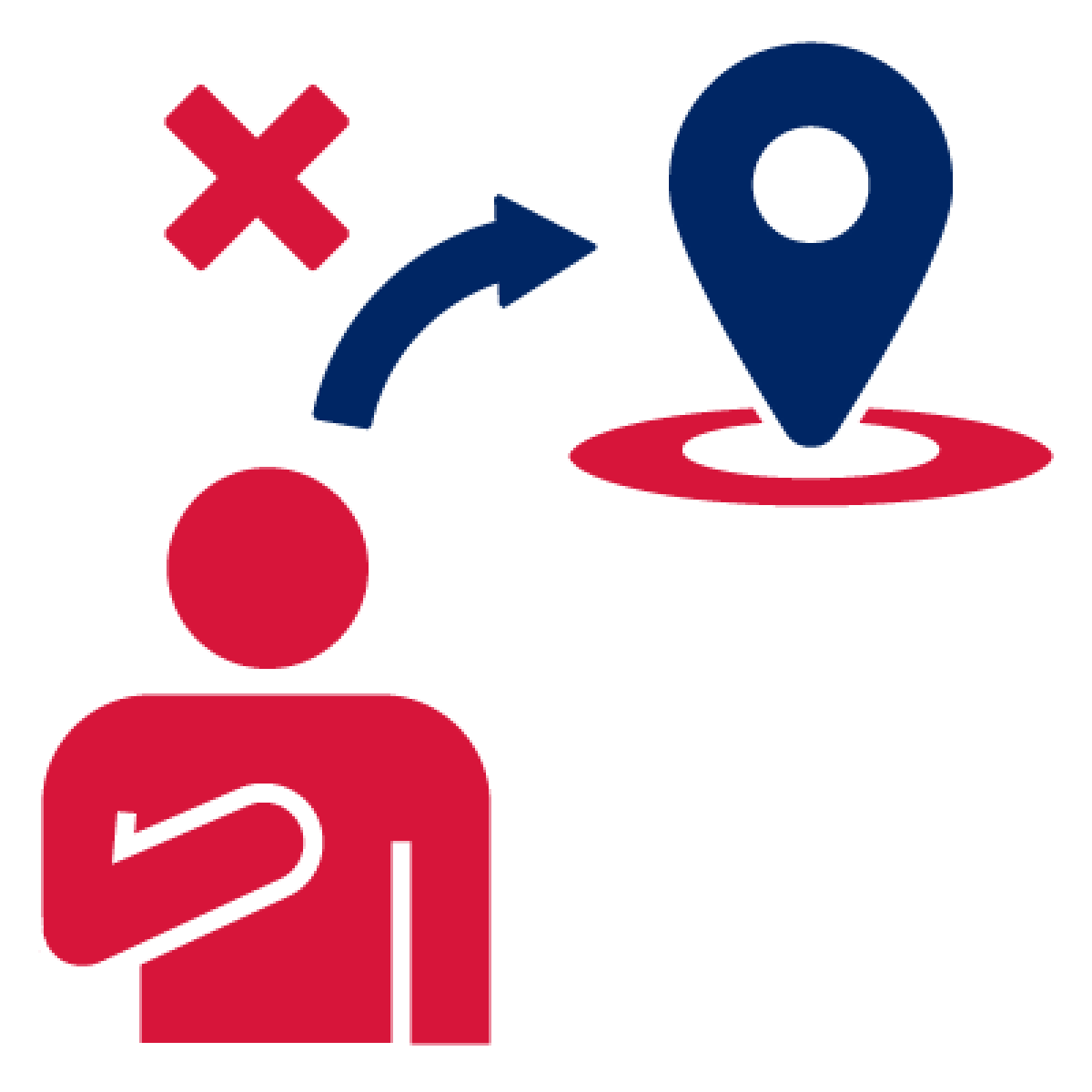 A person pointing to themself and an arrow pointing from them to a location marker. There is a cross next to the arrow.