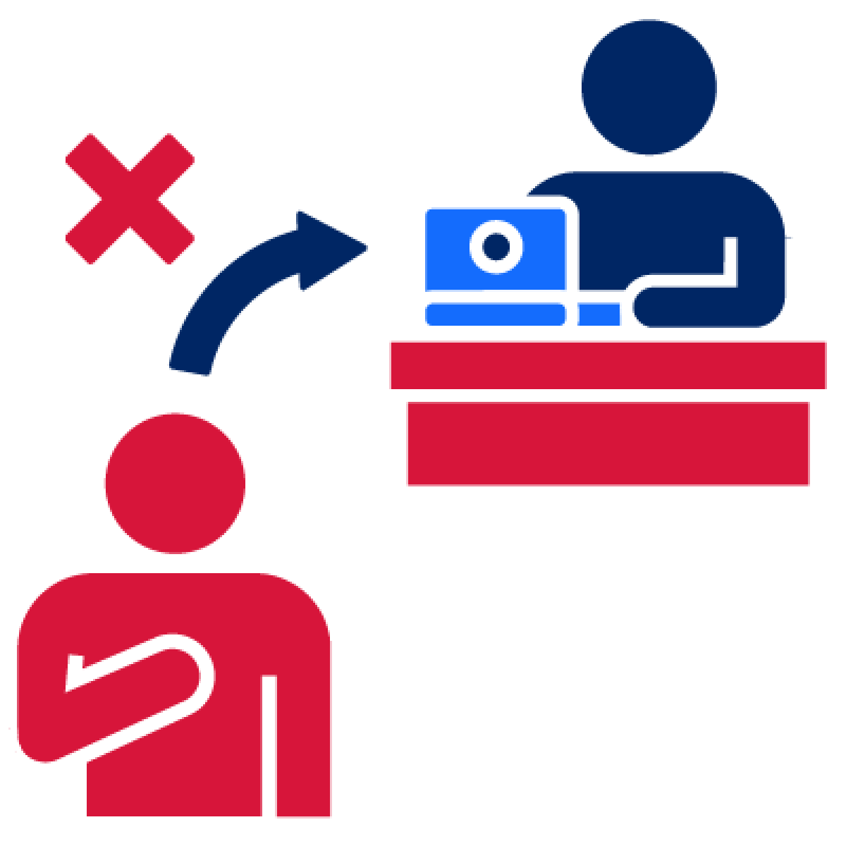 A person pointing to themself and an arrow pointing from them to a person at work. There is a cross next to the arrow.