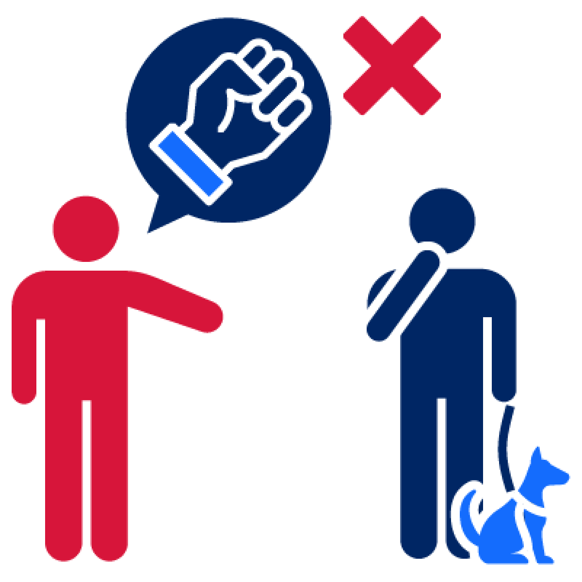 A person pointing at someone who is walking their dog. They have a speech bubble next to them with a fist icon on it. There is a cross next to the speech bubble.