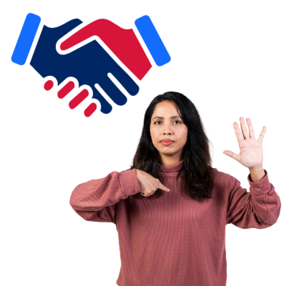 A person pointing to themself and raising their hand, and a handshake icon.