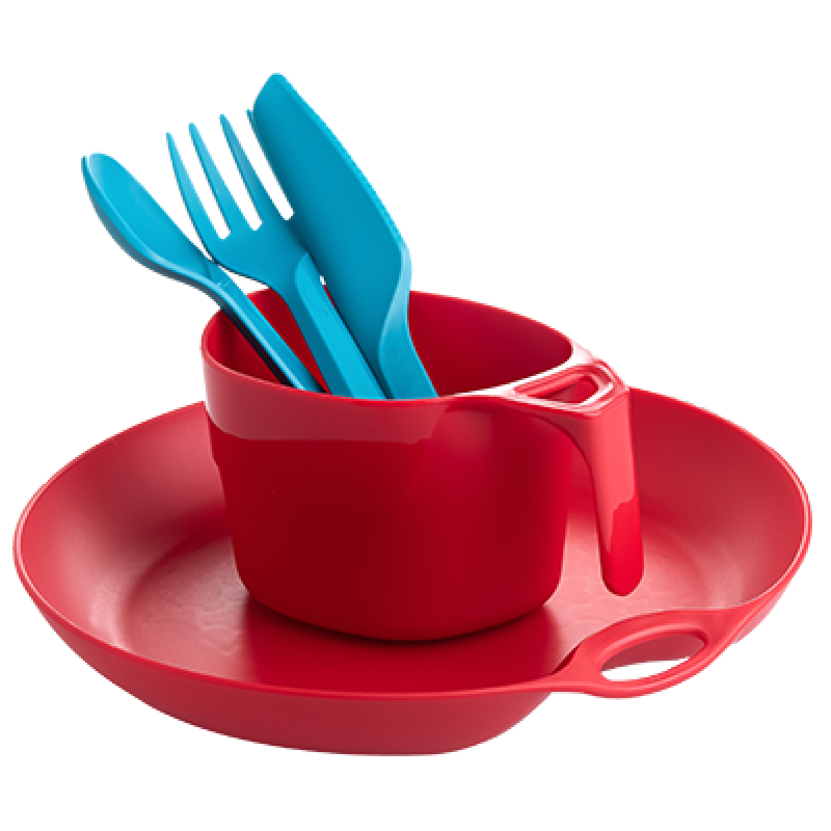 Plastic cutlery, a plate and a cup