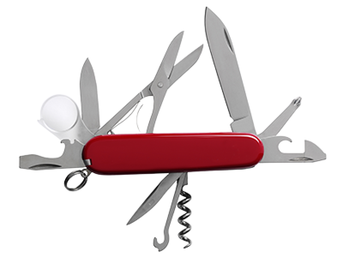 A pocketknife that is open to show its scissors, knife, can opener and other tools