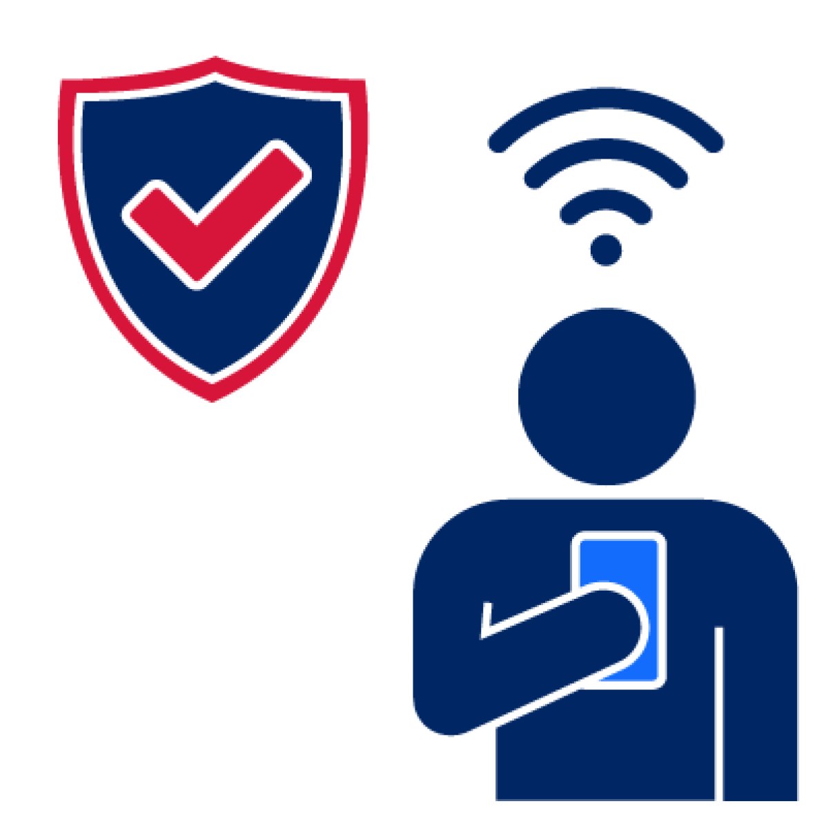 A safety icon and a person connecting to the internet with their phone.