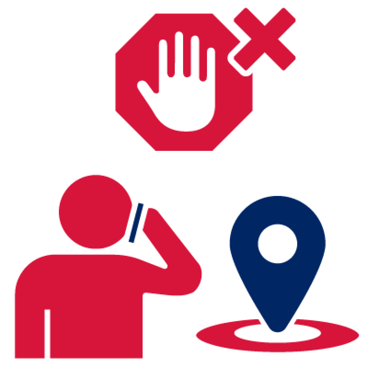 A stop icon with a cross next to it, a person talking on the phone, and a location marker.