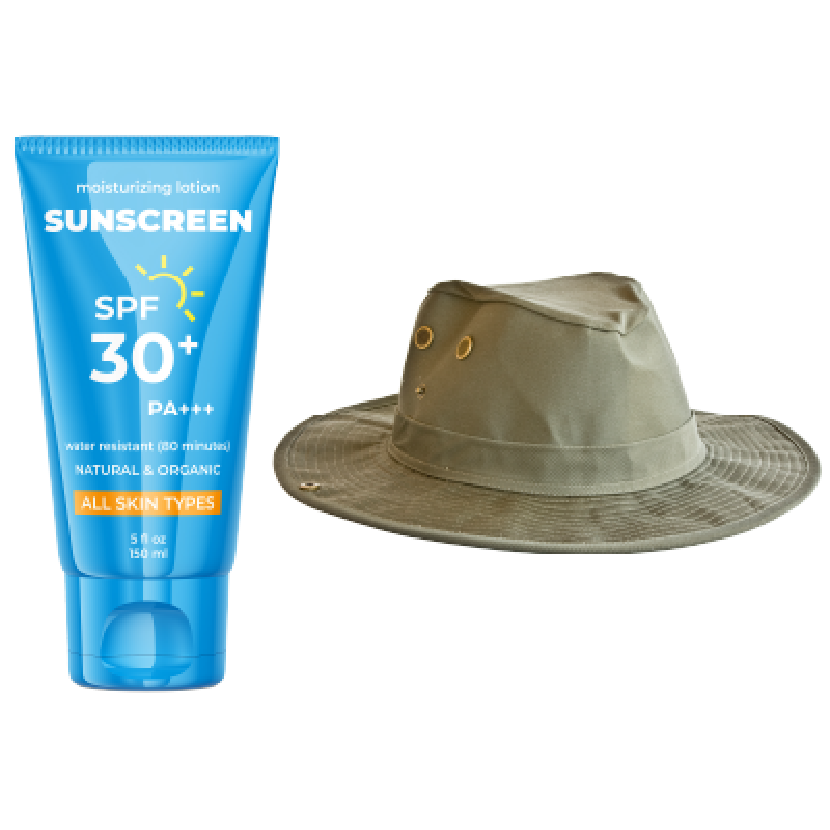 A sunscreen bottle and a hat