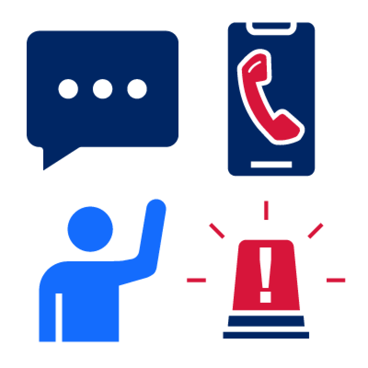 Symbols for text message, phone call, siren and a person raising their arm for attention