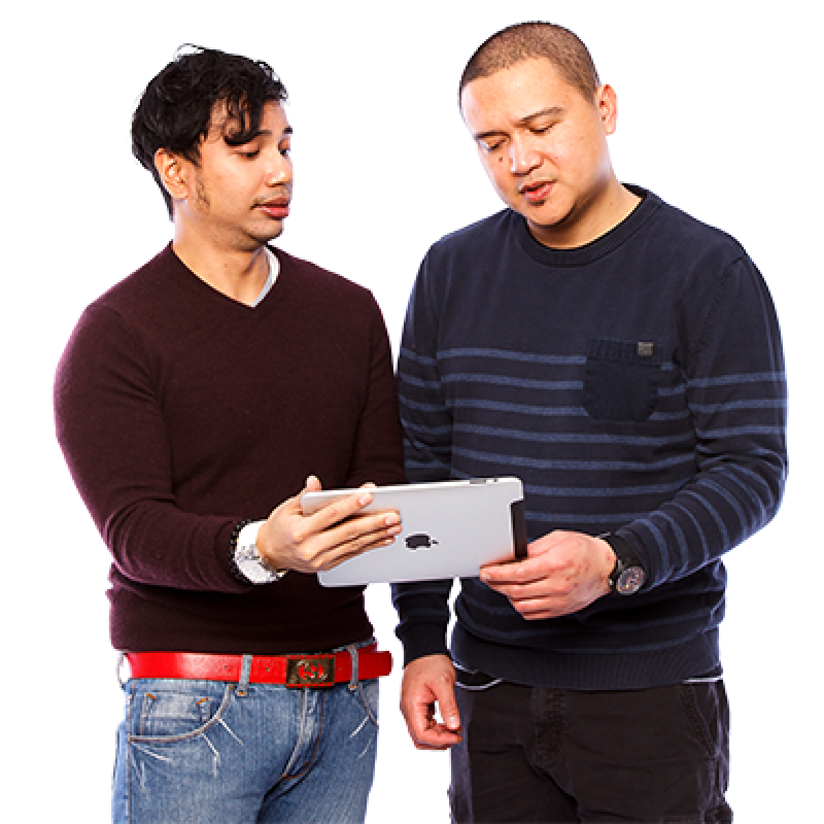 2 people looking at an electronic tablet together.