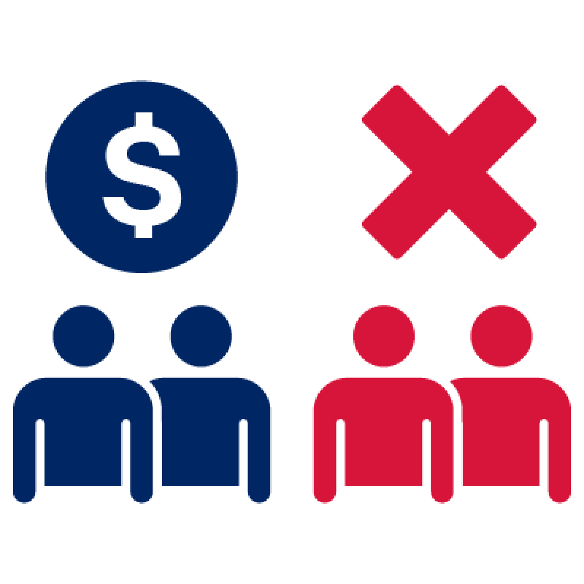 2 people with a money icon above them and 2 people with a cross above them.