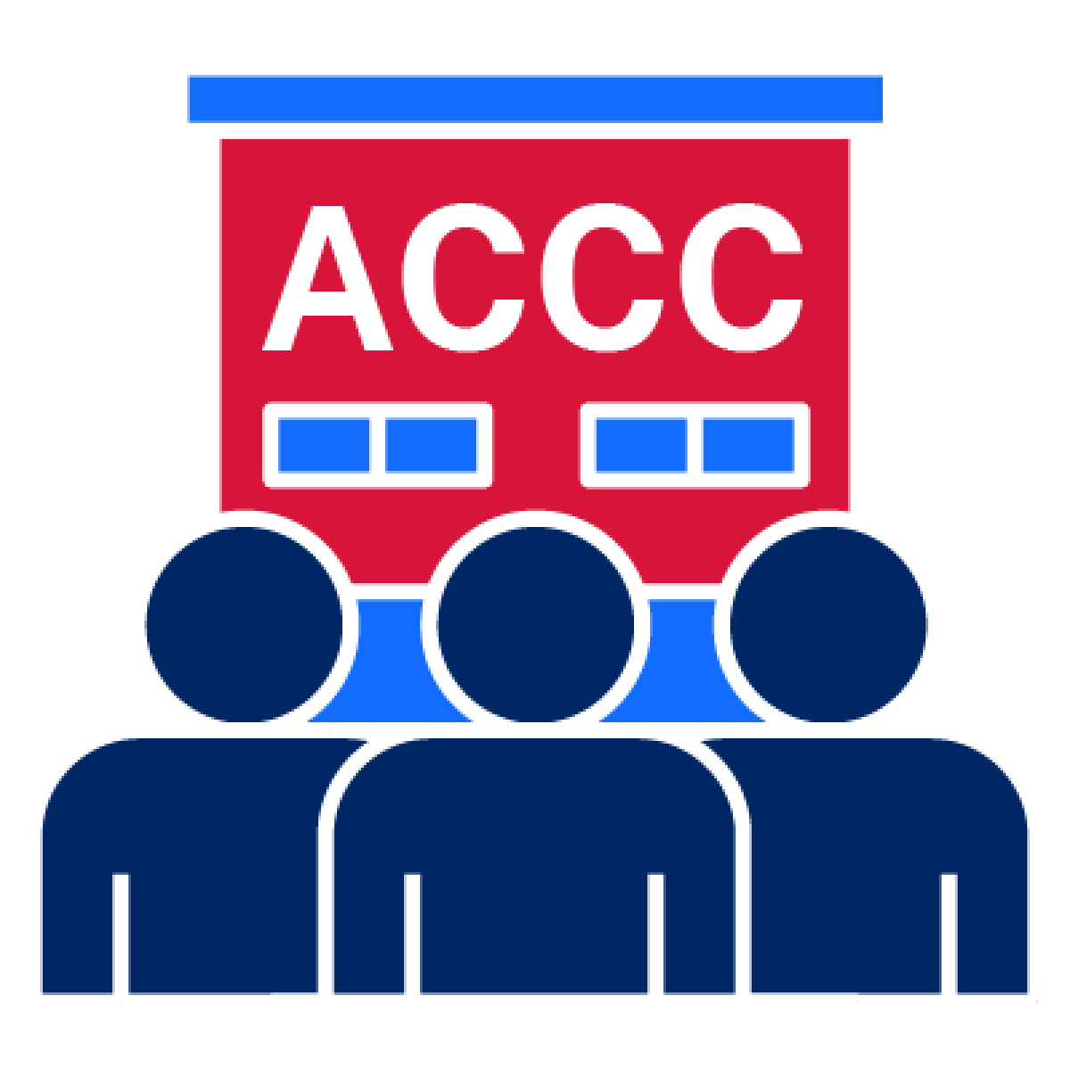 3 people in front of a building with ‘ACCC’ written on it.