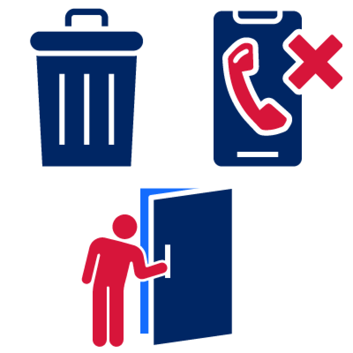 A delete icon, a phone icon with a cross, and a person shutting a door.