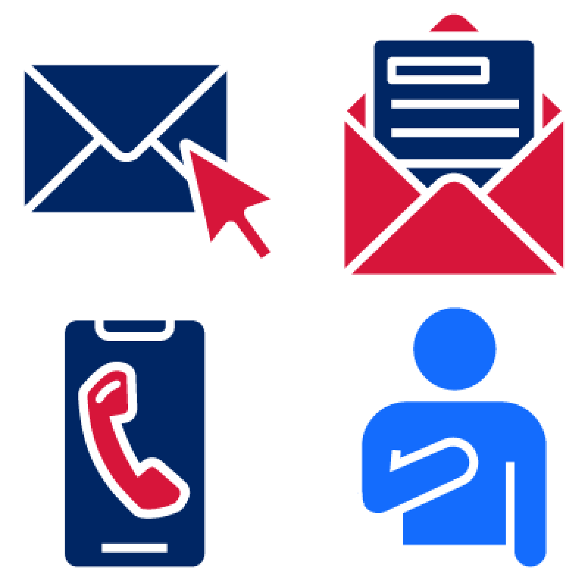 An email icon, a letter in an open envelope, a phone icon, and a person pointing to themself.