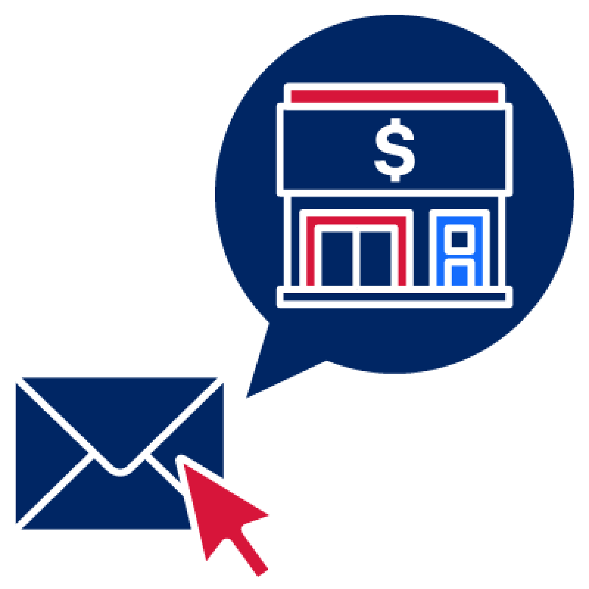 An email icon. There is a speech bubble above it with a shop with a money icon on it.