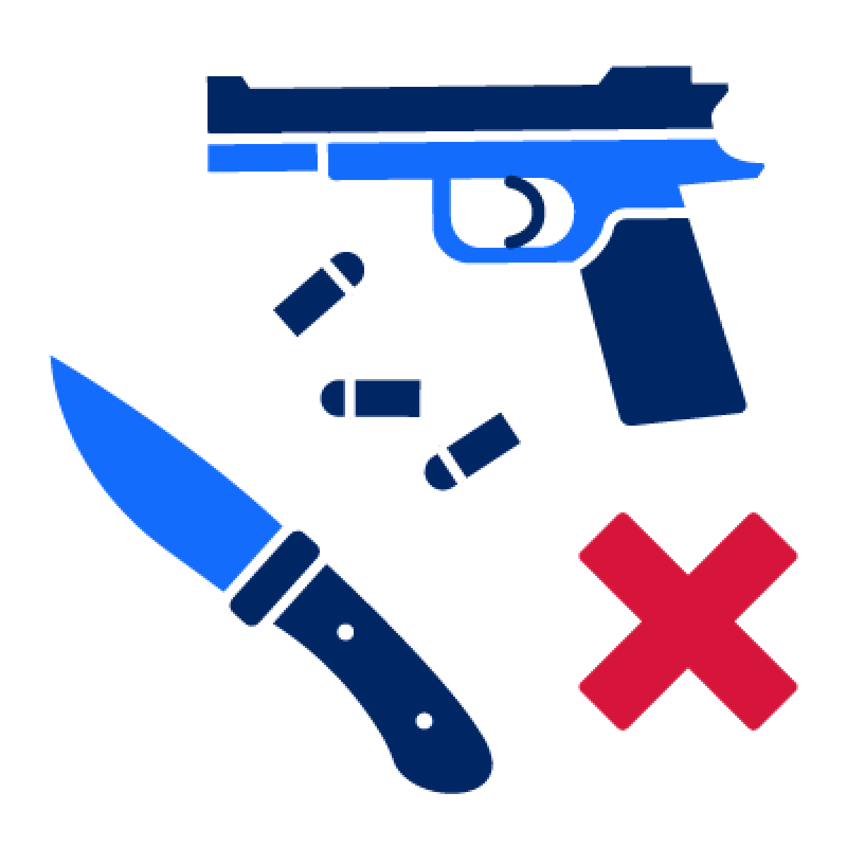 A gun, a knife and 3 bullets with a cross icon