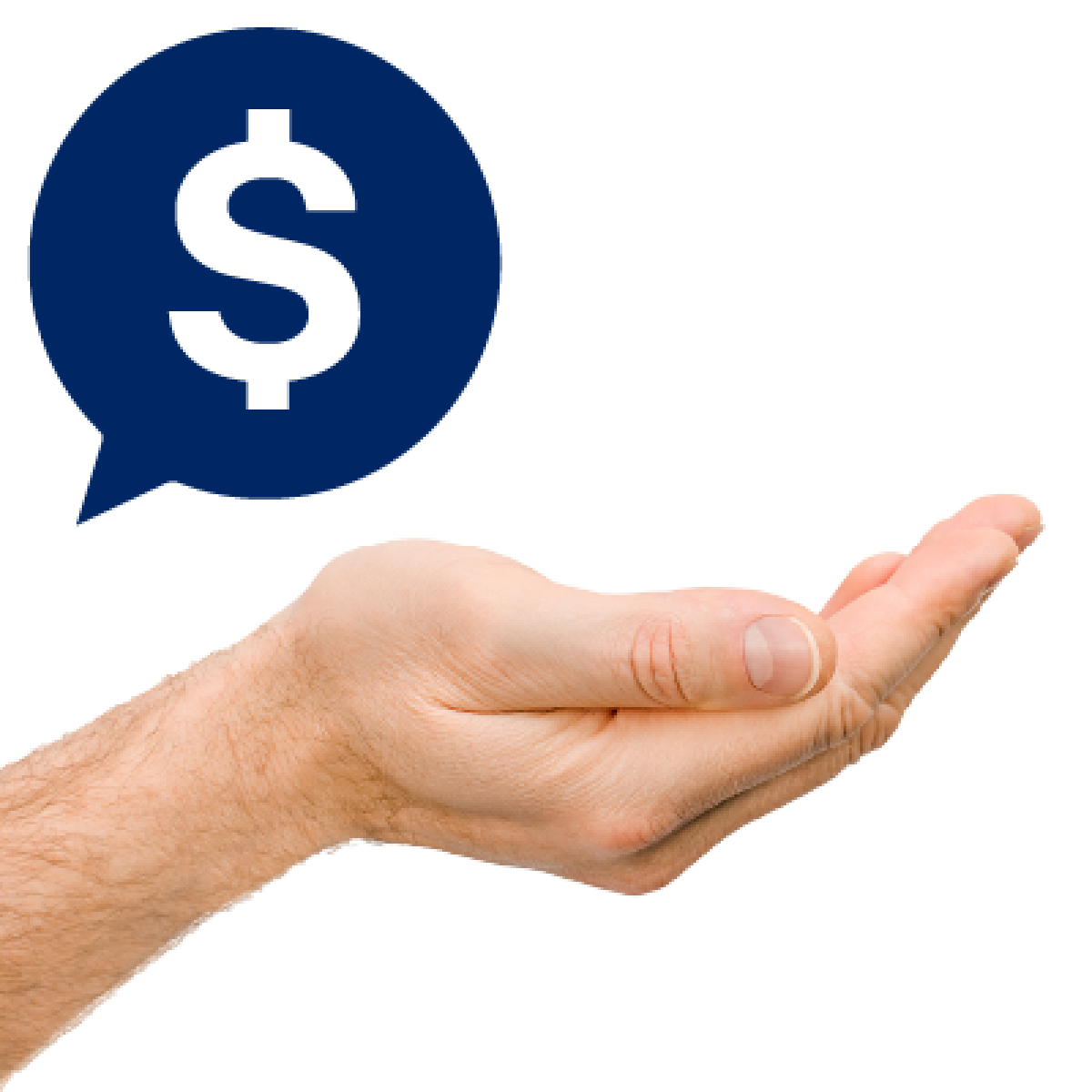 A person holding their hand out and a speech bubble with a money icon on it.