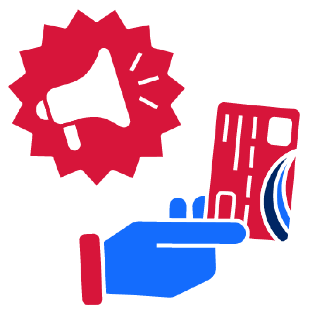 A megaphone icon and a hand holding a debit card.