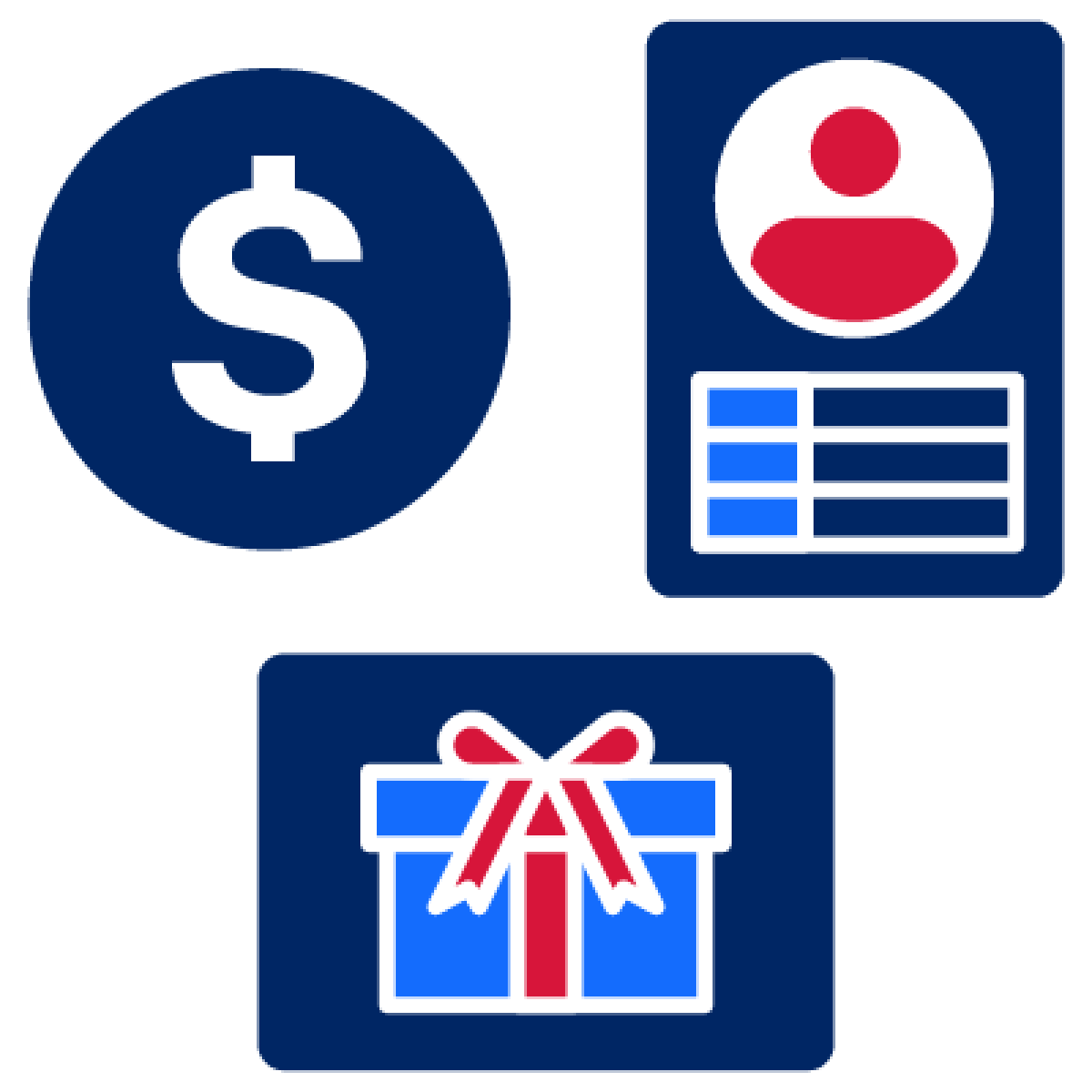 A money icon, a document with personal information and a gift card.