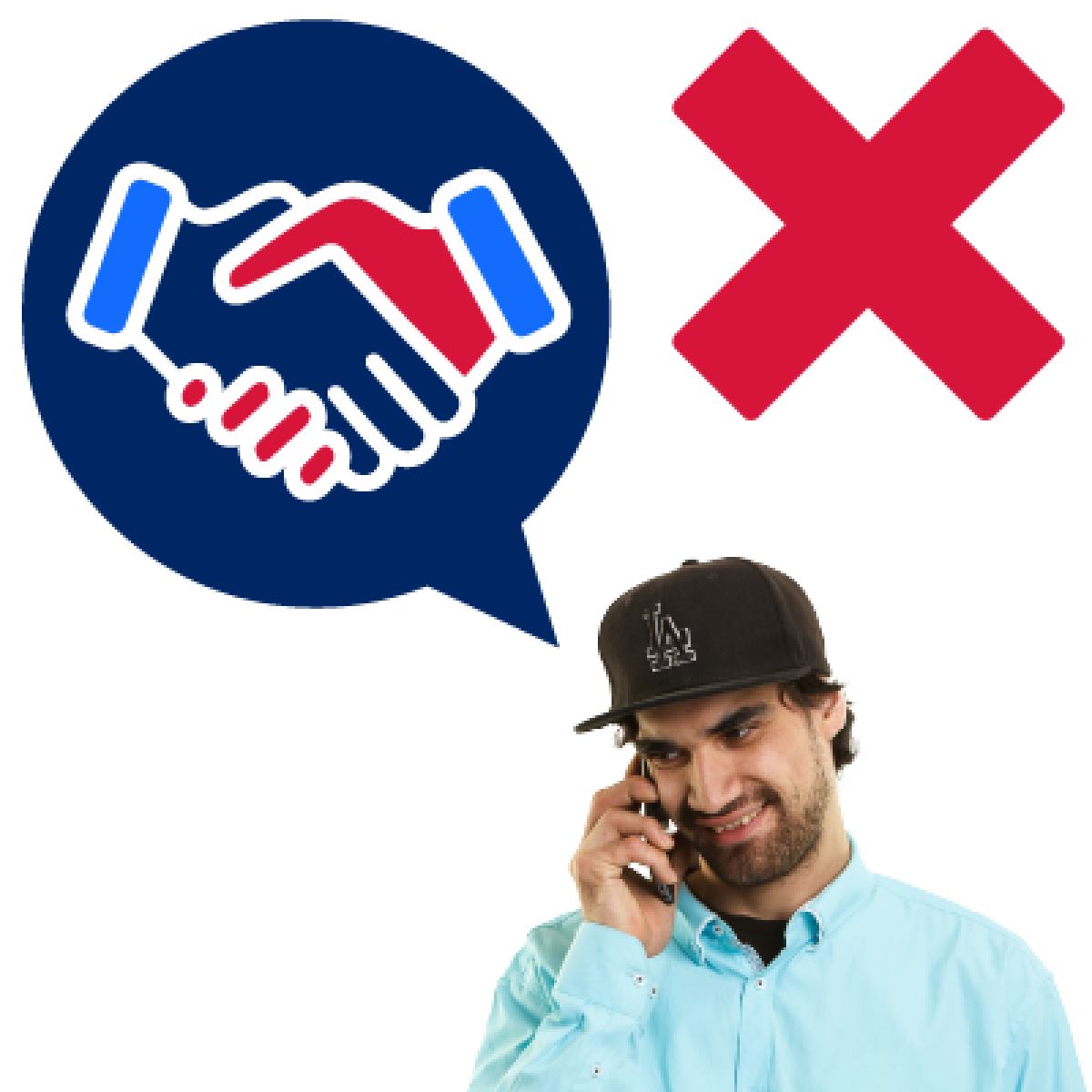 A person talking on the phone with a speech bubble with a handshake icon on it. There is a cross next to the speech bubble.