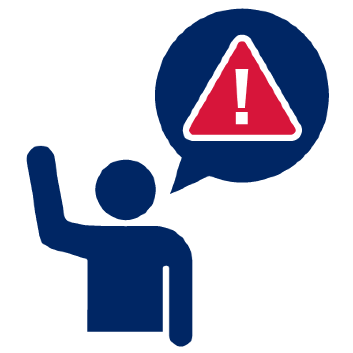 A person raising their hand. There is a speech bubble with a problem icon on it above them.