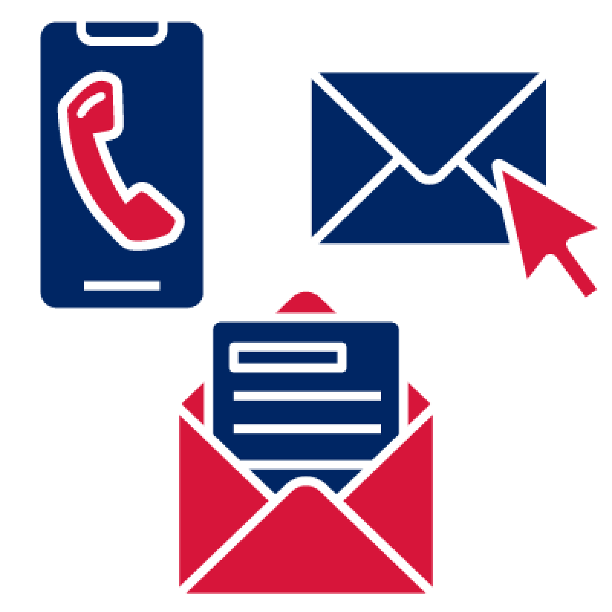 A phone, an email icon and an open envelope with a letter in it.