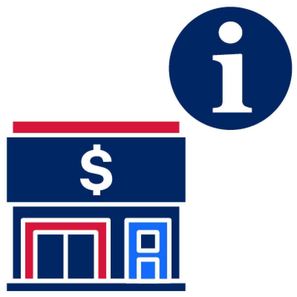 A shop with a money icon on it and an information icon.