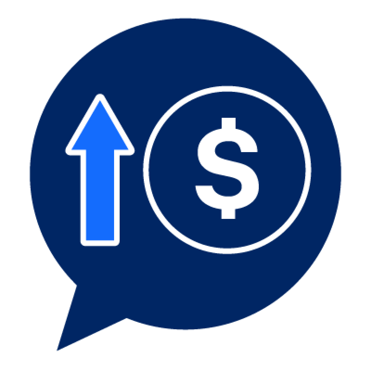 A speech bubble with a money icon and an arrow pointing up on it.