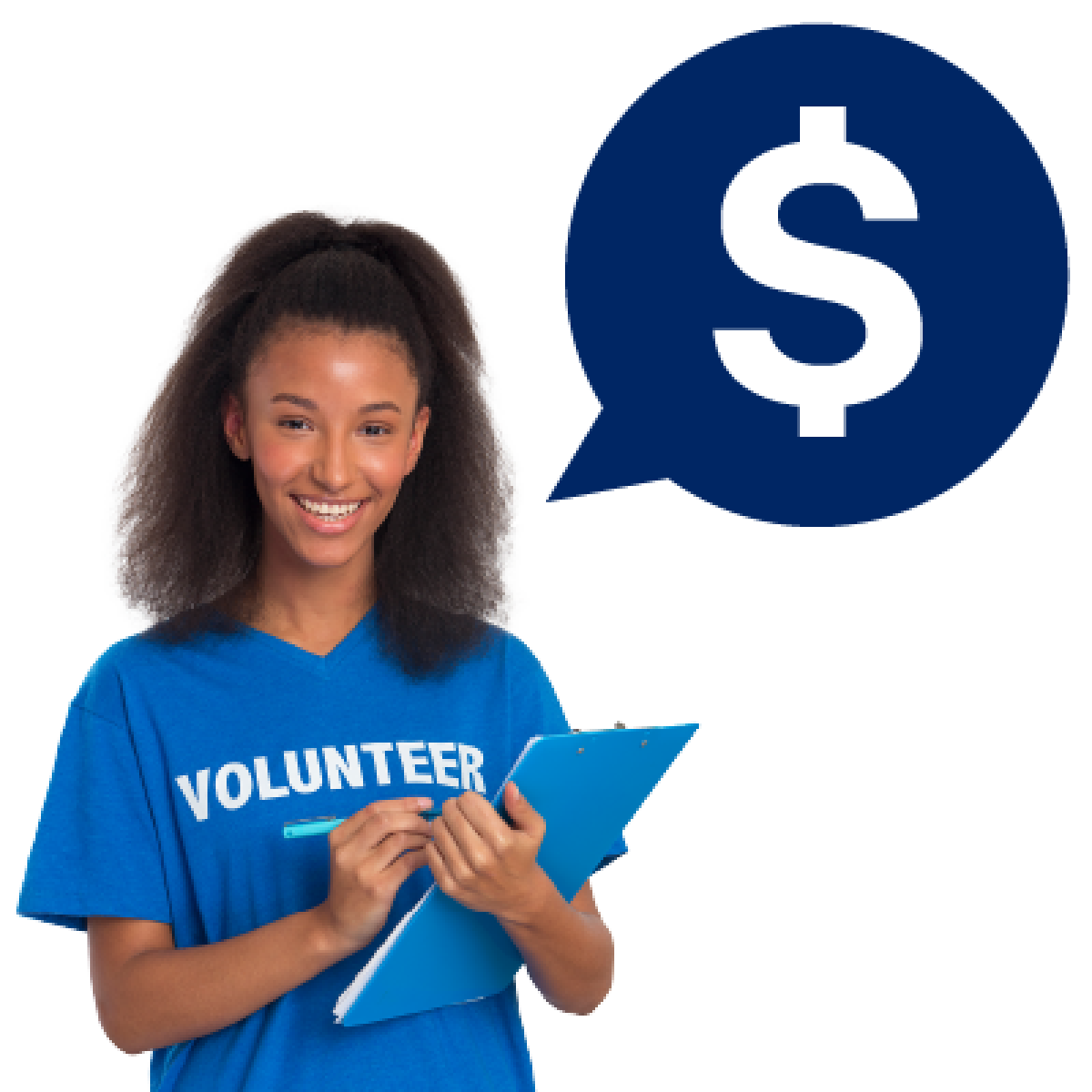 A speech bubble with a money icon next to a person from a charity.