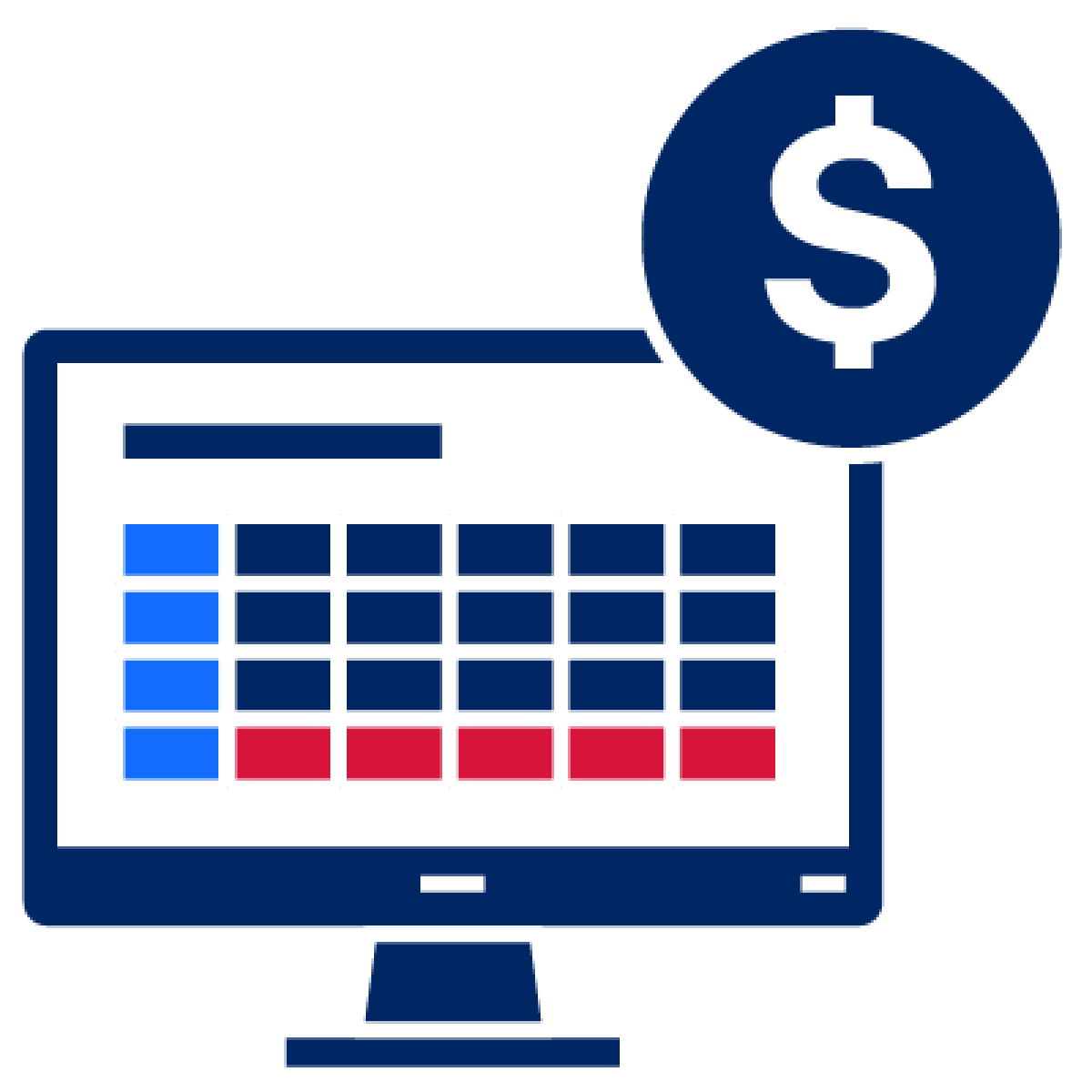 A spreadsheet on a computer screen and a money icon.