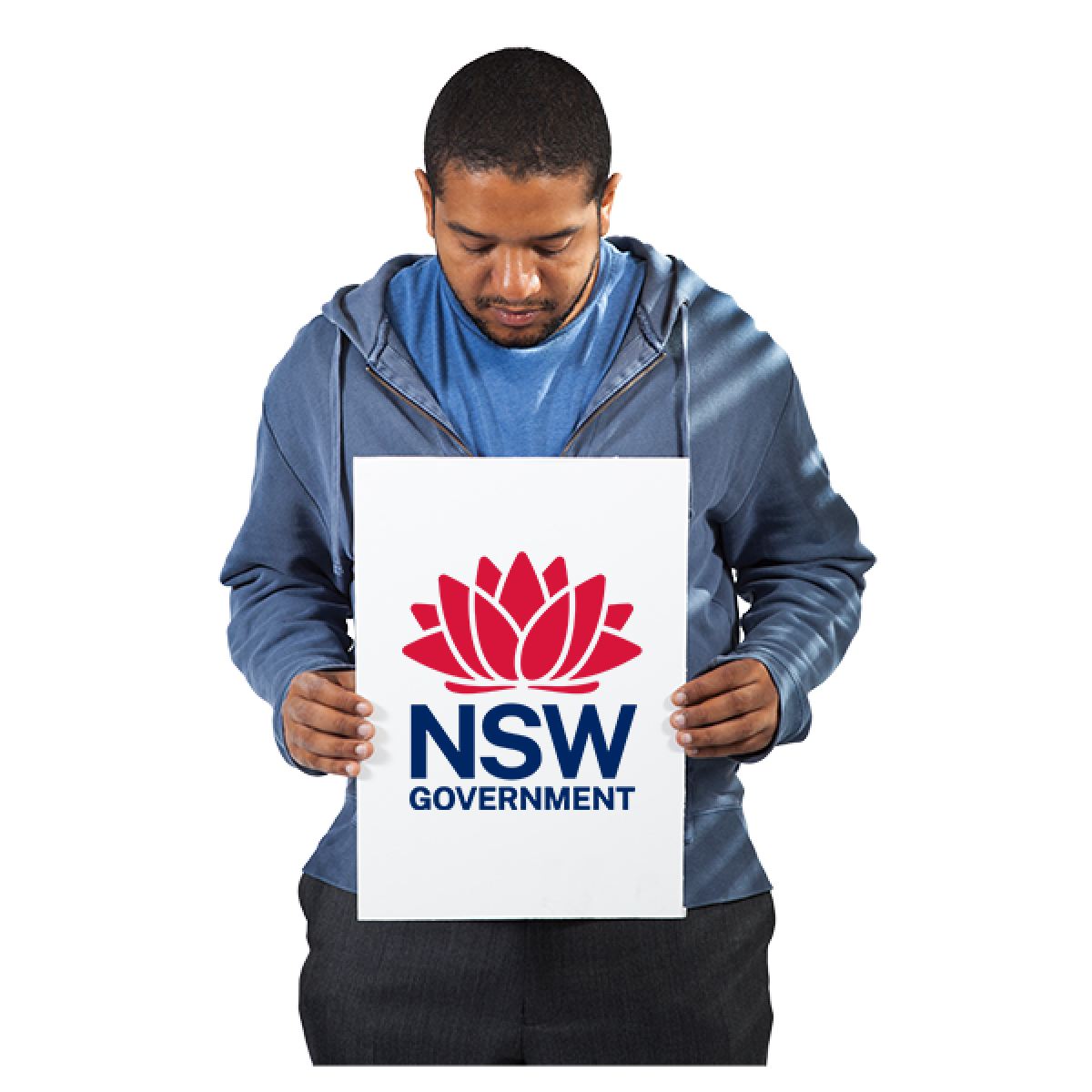 man holding placard of NSW state logo