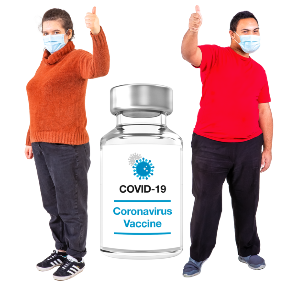 two people in red shirts standing next to vaccine bottle