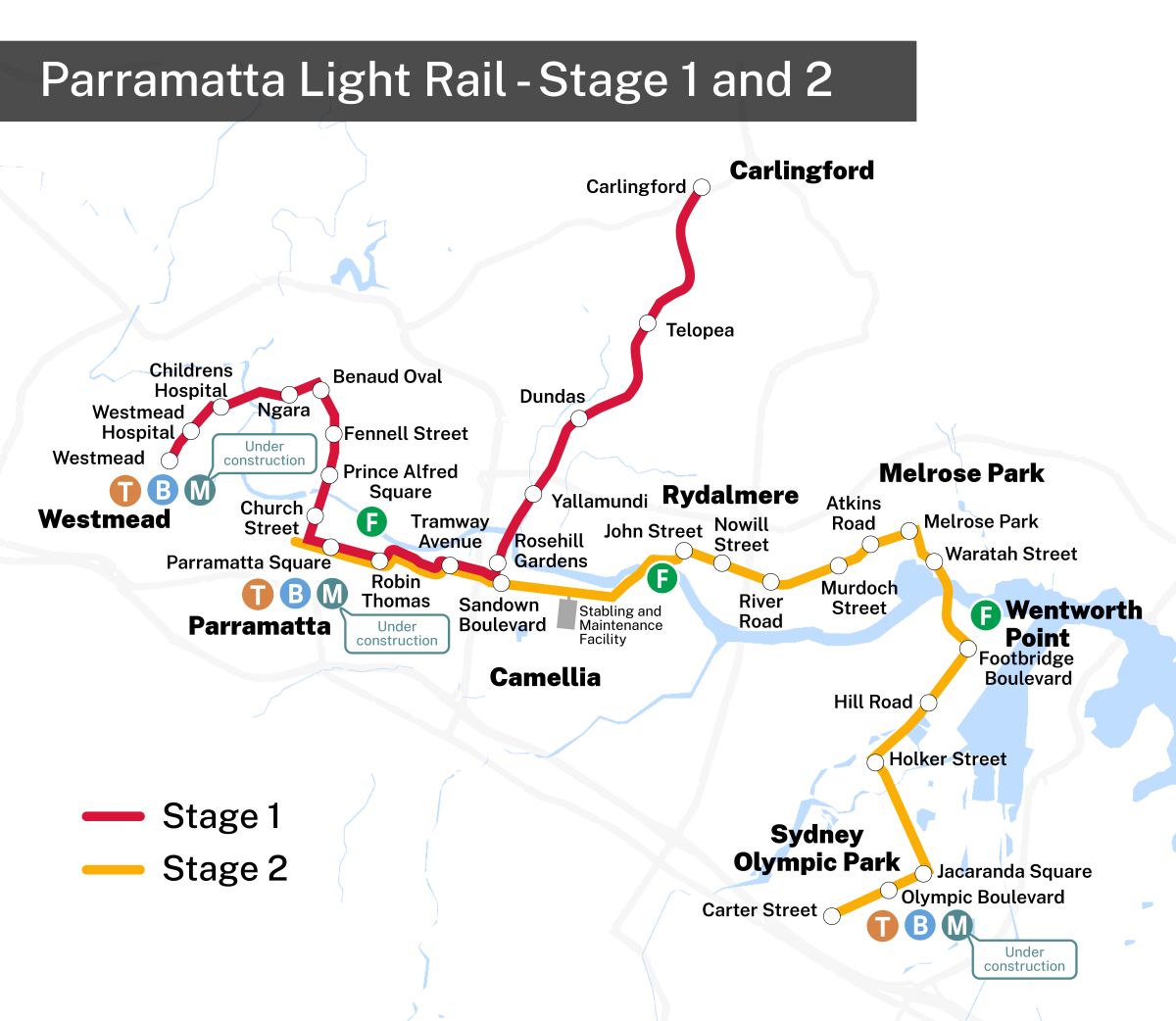 A static map displaying stages 1 and 2 of the Parramatta Light Rail.