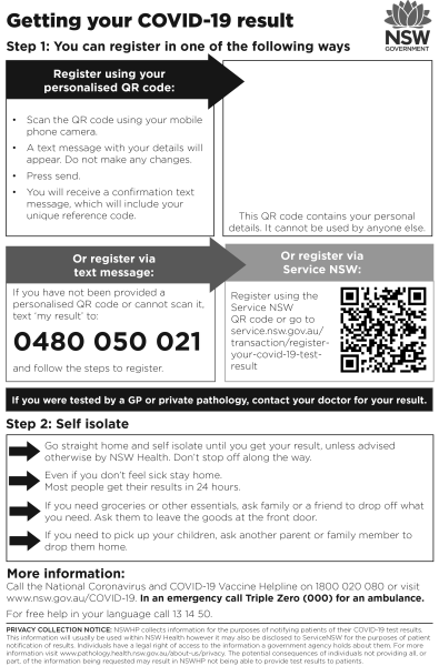 Simplified instructions for receiving covid test results, along with self-isolation instructions  