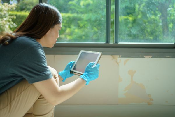 Woman wearing gloves inspecting and photographing paintwork with tablet.