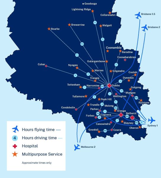 Map of approx. travel times around Western NSW LHD