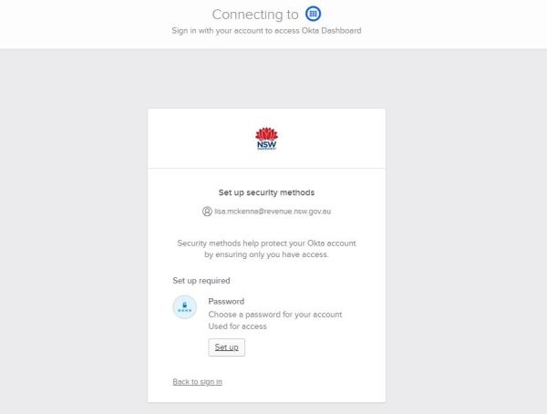 Example connect to okta screen for the Revenue eNominations portal