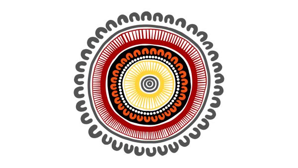 Aboriginal artwork depicting communities, with bright colours and vivid central circles.