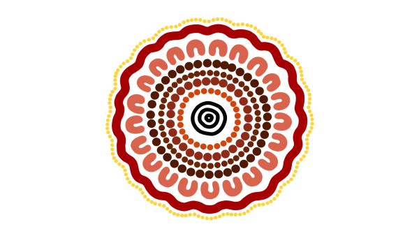 Aboriginal artwork depicting communities, with bright colours and vivid central circles.