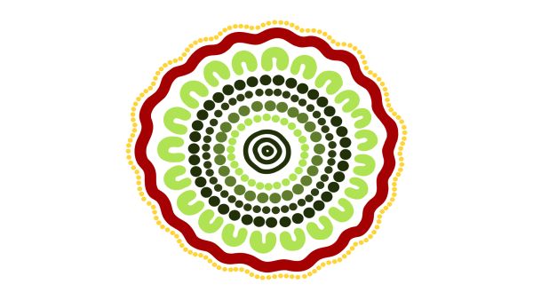 Aboriginal artwork depicting communities, with bright colours and vivid central circles.