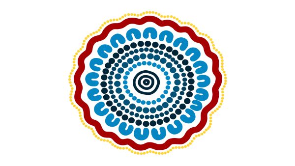 Aboriginal artwork depicting communities, with bright colours and vivid central circles.