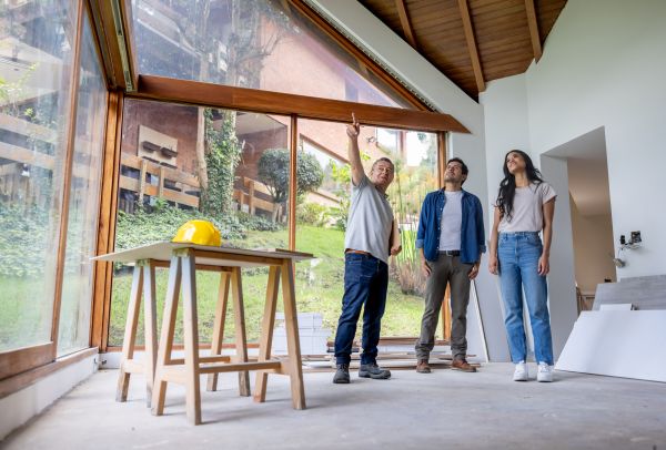 A building contractor discussing renovation plans with two clients inside a partially completed house, with construction materials visible in the background.