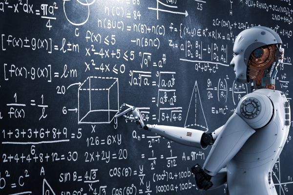 Image of a robot performing mathematics calculations at a chalkboard
