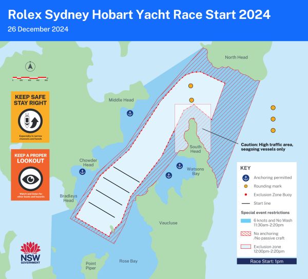 An exclusion zone active from 11:30pm until 2:20pm from Bradleys Head to North Head for the start of the Sydney Hobart Yacht Race. 