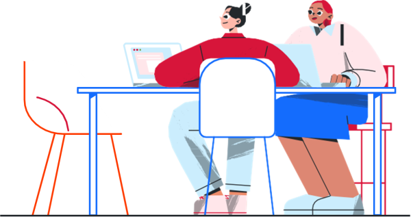 Illustration of people sitting at a table with laptops