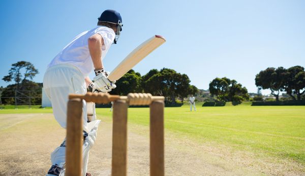 Side view of cricket player batting while playing on field against clear sky2