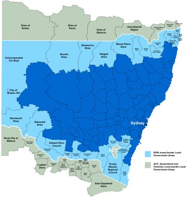 colour coded map showing NSW borders with Vic, SA, Qld