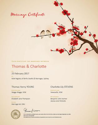 Love birds commemorative marriage certificate.