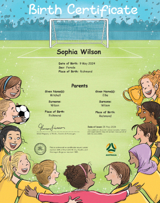 A commemorative birth certificate featuring an illustration of the Matildas by artist Serena Geddes.
