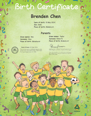 A commemorative birth certificate featuring an illustration of the Socceroos by artist Serena Geddes.