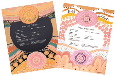 Two commemorative birth certificates featuring designs by Indigenous artist Melissa Greenwood.