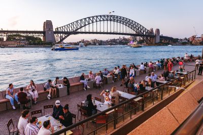 Image of Sydney Harbour bridge and diners enjoying the view over drinks