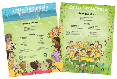 Commemorative birth certificates featuring the Matildas and Socceroos by artis t Serena Geddes. 